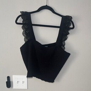 Express Black Lace Strap Smocked Crop Top